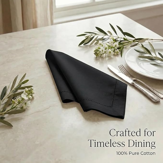 Urban Villa Cloth Napkins Set of 12 20x20 Inches 100% Cotton Hemstitch Napkins Cloth Washable Durable Reusable Absorbent Table Dinner Napkins Cloth for Hotel Lunch Restaurant Weddings Parties – Black