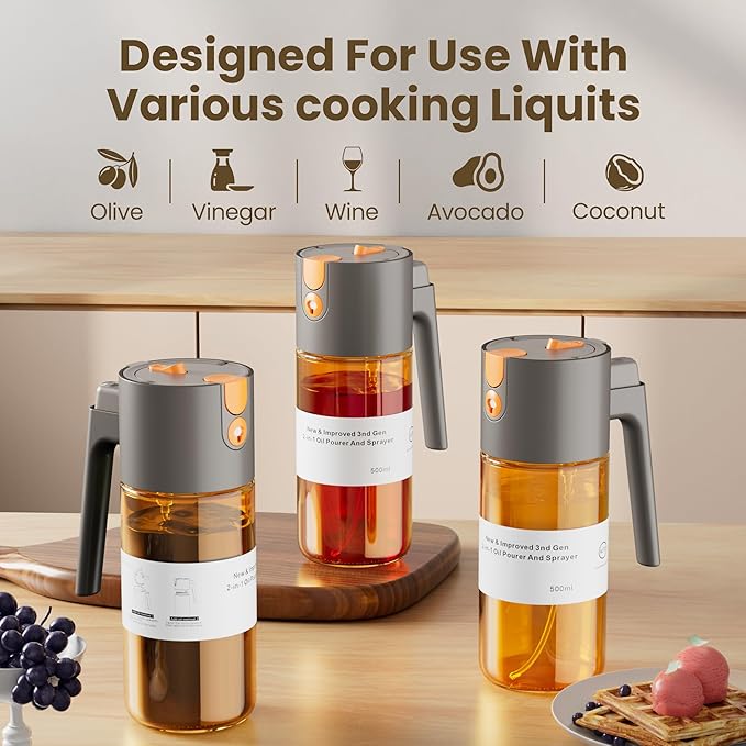 LUKUMIQI 2 in 1 Oil Sprayer for Cooking, 17oz Light-Blocking Glass Spray Bottle with Stickers, Oil Dispenser for Salad, Air Fryer & BBQ