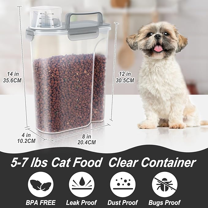 LEAWALK 5Lbs Airtight Cat Dog Food Storage Container with Upgraded Large Nozzle BPA-Free, Pet Food Storage Containers for Rice, Grain, Pet Food, Flour, Dog Treat Storage (Clear Grey, 5L-1pack)