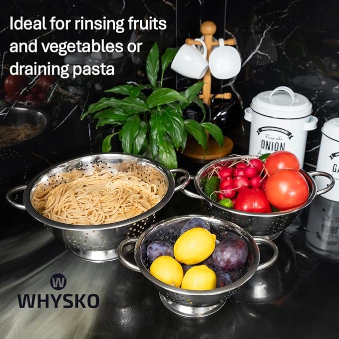 Whysko 3 Pack Stainless Steel Colanders with Handles - 5 Qt, 3 Qt, 1 Qt - Durable Colander for Kitchen Strainers and Colanders Set - Ideal Metal Colander for Pasta, Vegetables, Food Prep