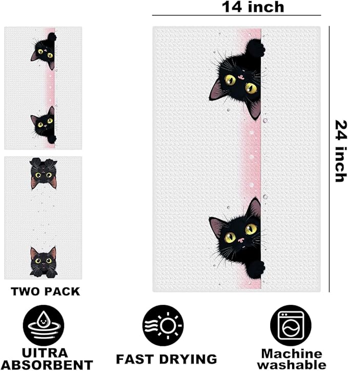 Jztco 2 Pcs Cute Cat Kitchen Towels, Cats Gifts Reusable Hand Tea Towel, Microfiber Dish Cloths for Drying Dishes, Waffle Dish Towels for Kitchen Home Bathroom Decor, Cat Lover Gifts for Women Mom