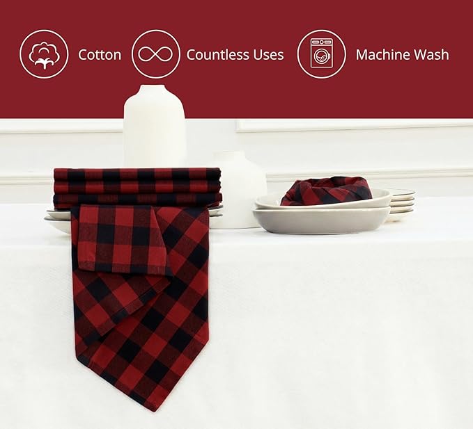 PurpleEssences Buffalo Plaid Cloth Napkins - Mitered Corners - Spring Easter Summer - Gingham Check Dinner Napkin - Set of 12-100% Cotton - 18x18 Inch - Reusable Washable - Red and Black