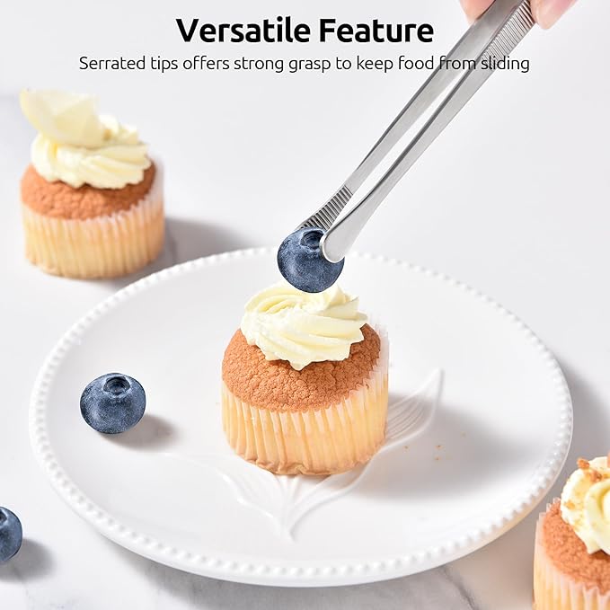 U-Taste 8in Kitchen Plating Tweezer: 18/8 Stainless Steel Food-Grade Metal Food Tong, Seamless-Welding, Sturdy and Flexible with Non-slip Tips for Serving, Decorating, Cooking, Baking (Round Tip)