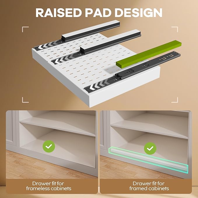 Seinloes 2 Pack Pull out Cabinet Organizer 21"Deep With Raising Pad for Framed Cabinets, Expandable Slide out Drawers for Kitchen Cabinets with 4pcs Divider Racks, Roll out Shelves 12.1"-20.4" W White