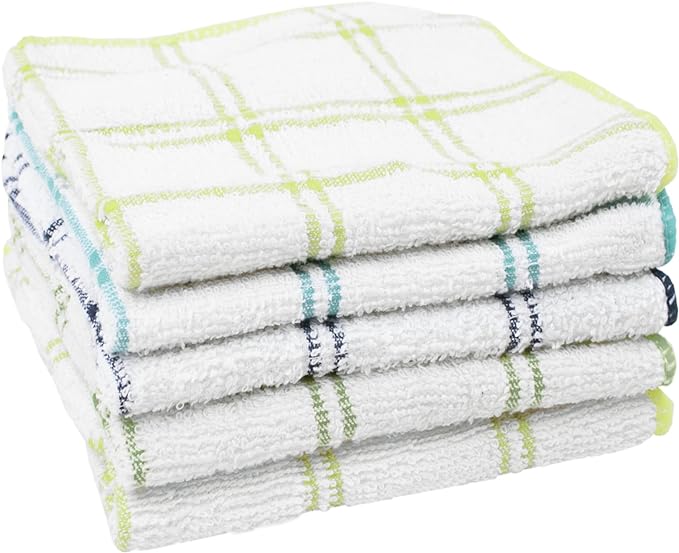 Ritz 100% Cotton 12-inch x 12-inch Kitchen Dish Towel, Gentle Cleaning Wash Cloth with Poly Scour Side, 5-Pack, Blue/Green
