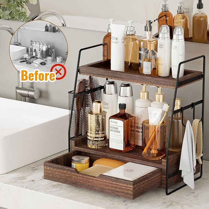 2-Tier Bathroom Counter Organizer with Drawer & Removable Basket, Wood & Metal Vanity Organizer for Skincare, Makeup, Perfume, Toiletries, Small Bathroom Counter Shelf, 13'' Rustic