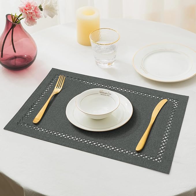 Linen Cloth Placemats Set of 4, HADEEONG 12 x 18 Inch Hollow Edge Place Mats Washable Heat Resistant Placemats Cloth Table Mats for Dining Table Home Decor (Dark Grey, 4)