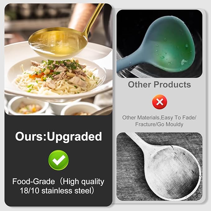 Gold Soup Ladle - Stainless Steel Ladle Spoon, 13.8"Large Soup Spoons [Integral Forming, Heat Resistance] Kitchen Metal Ladel for Cooking, Serving, Stirring, Canning，Sauce, Wok & Soup, Christmas Gifts