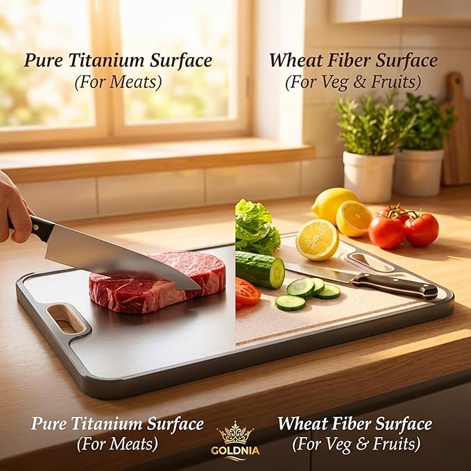 2-IN-1 Double-Sided Titanium Cutting Board –100% Titanium Side, Durable Wheat Straw Back,Easy to Clean,Non Toxic Maintains Freshness & Pure Surface 15.8 x 10.35 in, Premium Kitchen & Home Prep Board
