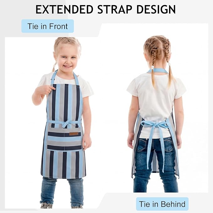 2 Pack Stripes Kids Apron, Kids Cooking Aprons with 2 Pockets, Cute Aprons for Cooking for Boys and Girls