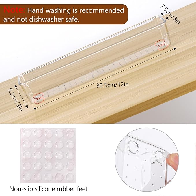 Ohlove 6 Pcs Large Clear Plastic Drawer Organizers Tray 12"x3" Storage Bins with 25 Pcs Non-Slip Pads for Makeup, Jewelries, Kitchen Utensils, Bathroom and Office