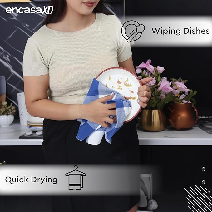 Encasa XO Cotton Kitchen Towel Set | Hand and Tea Cloth for Cleaning & Quick Drying, X-Large 28"x18" (Pack of 4) Highly Absorbent - Buffalo Blue Checks
