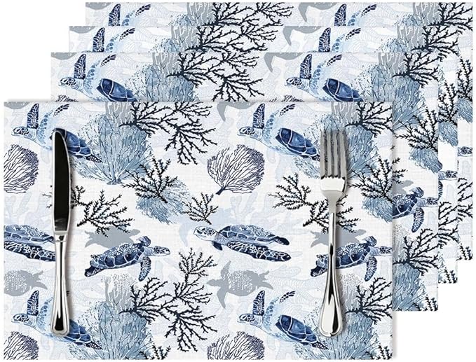 Ocean Themed Linen Placemats Set of 4, Blue White Turtle Coral Heat-Resistant Washable Non-Slip Place Mats for Kitchen Dining Table, Gift for Navy Beach Sea Life Lovers, Kitchen Home Decor Essential