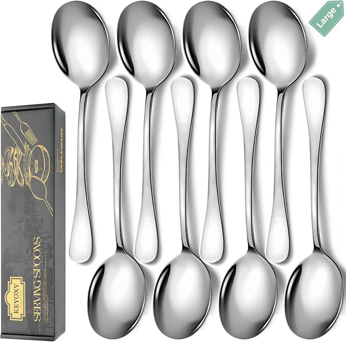 Stainless Steel Serving Spoons Set, 8pc, 10-Inch, Includes 8 Large Spoons, for Parties/Kitchen/Buffet/Catering, Dishwasher Safe