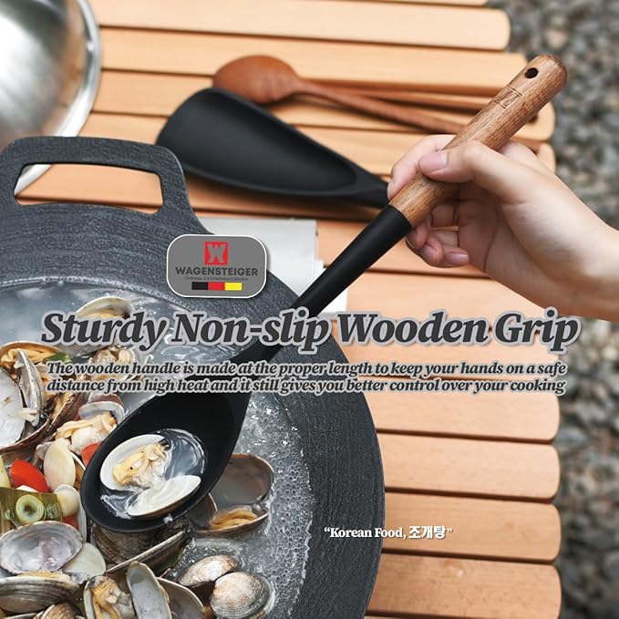 WAGENSTEIGER Silicone Cooking & Serving Spoon: Multi-Purpose Cooking Tool for Basting Serving Scooping Scraping Mixing Basting, Non-stick Cookware Safe, Wooden Handle Design
