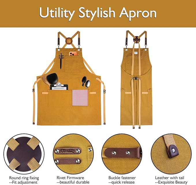 Kitchen Apron, Work Apron, Canvas, Multiple Pockets, Gardening, Painting, BBQ, Artist, Carpenter, Sizes M to XXL, Khaki