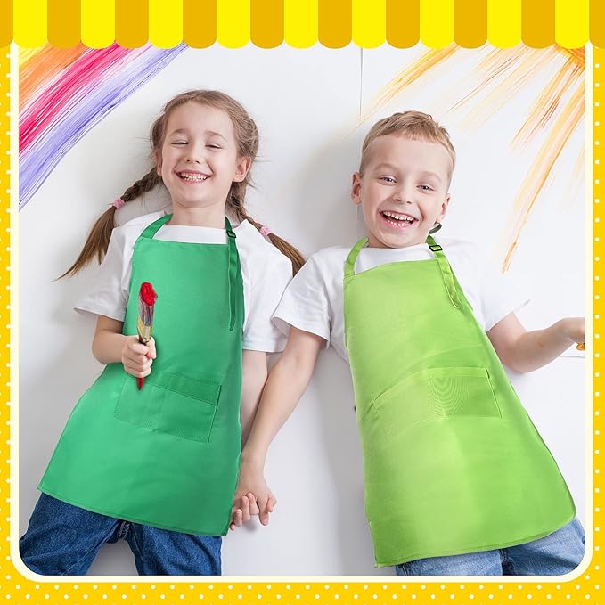 Handepo 36 Pcs 12 Colors Kids Aprons Bulk L for 7-13 Age Adjustable Children Chef Aprons with Pockets Kids Painting Apron for Cooking Baking Crafting Art Activity
