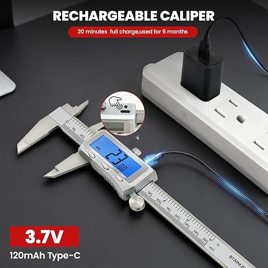 Digital Caliper 6 Inch, Rechargeable Calipers Tool with Backlight LCD Screen, Stainless Steel Caliper Measuring Tool, Auto-Off Micrometer, Inch/MM/Fraction Conversion for 3D-Printing/DIY/Household