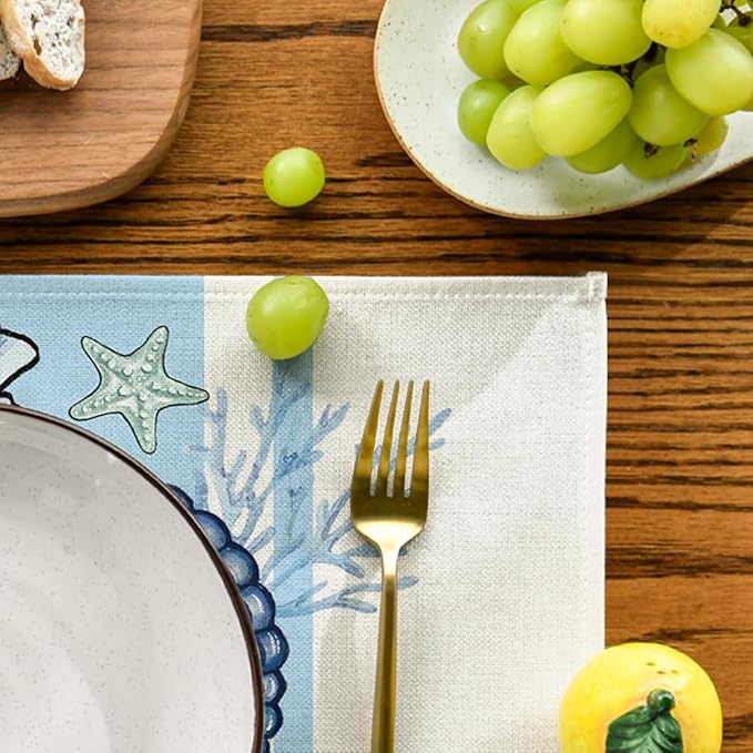 Artoid Mode Sea Shell Starfish Summer Placemats Set of 6, 12x18 Inch Seasonal Holiday Table Mats for Party Kitchen Dining Decoration