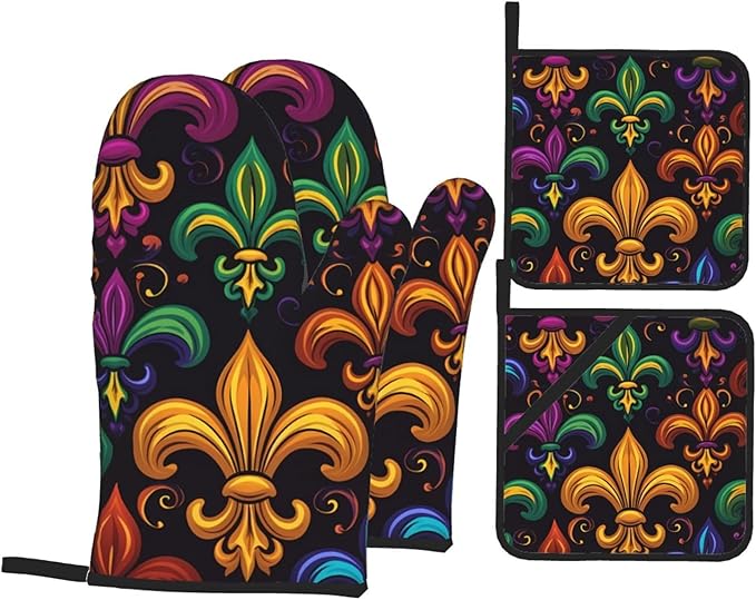 Colorful Fleur De Lis Oven Mitts and Pot Holders Sets Mardi Gras Kitchen Oven Gloves Heat Resistant 500 Degrees Oven Mitt and Hot Pad for Cooking BBQ Baking Grilling