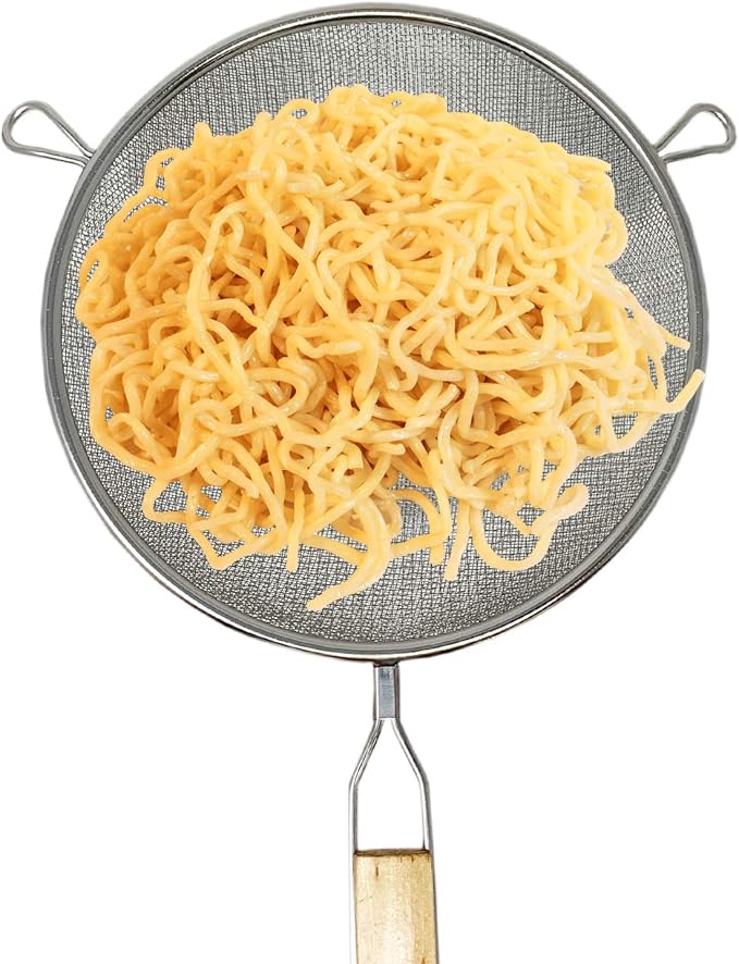Huji Stainless Steel Fine 8" Double Mesh Food Strainer Colander Sieve Sifter with Wooden Handle for Kitchen Rice Pasta Noodles (2 Pack)