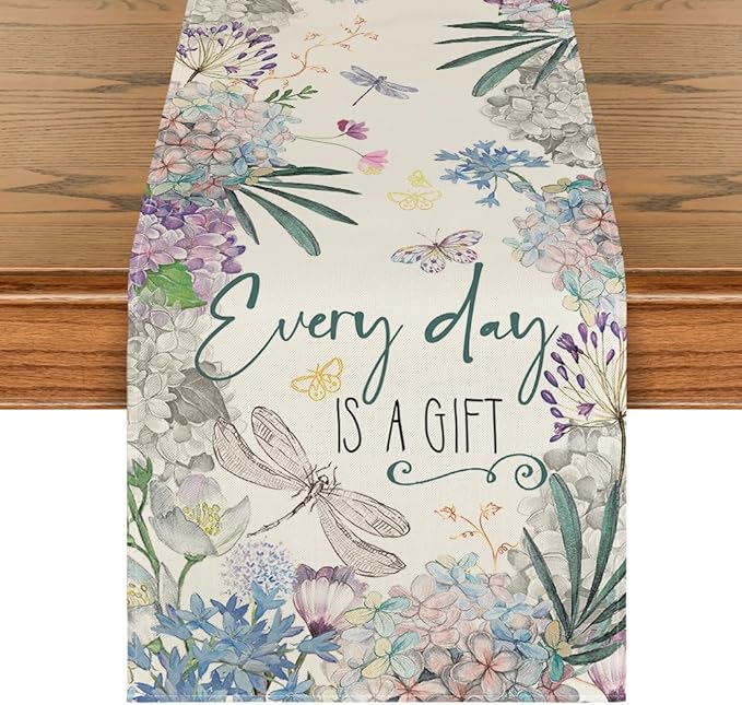 Artoid Mode Every Day is A Gift Dragonfly Hydrangea Spring Table Runner, Seasonal Summer Kitchen Dining Table Decoration for Home Party Decor 13x72 Inch
