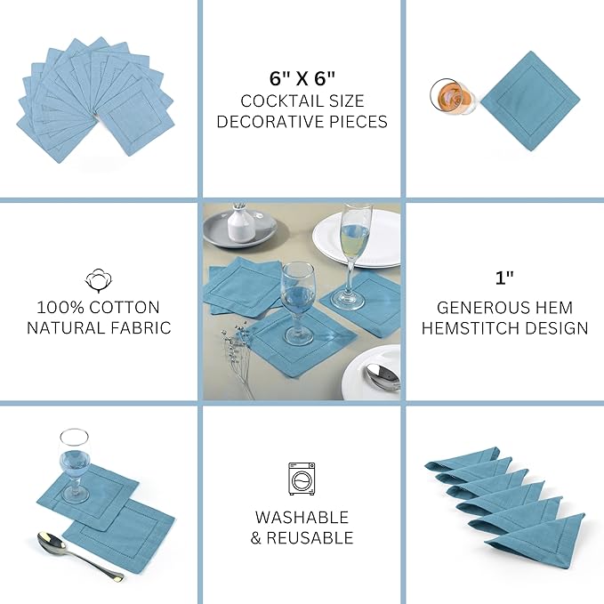 FINGERCRAFT Cocktail Napkins 6 x 6 Inch Premium Quality Cotton, Generous Hemstitch and Mitered Corner Set of 12 Coaster Cloth Aqua Blue