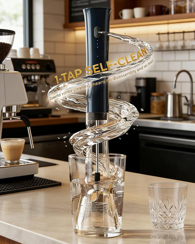 Milk Frother Handheld Rechargeable, Low Noise Electric Coffee Frother Wand with Stand, Stainless Steel Shaft, Anti-Accidental Start, 2 Double Coil Whisks, Kitchen Gifts