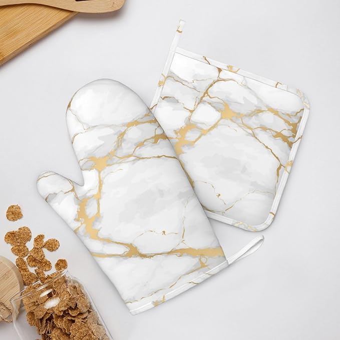 Oven Mitts and Pot Holders White Gold Marble Abstract Silicone Kitchen Accessories Set of 2 Heat Resistant Long Gloves Potholder Non-Slip Grip for Chef Cooking,Baking,Grilling,BBQ