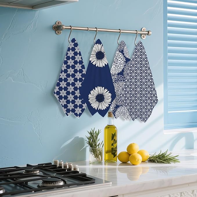 4 Pcs Blue Flower Artistic Kitchen Towels, Blue Flower Absorbent Tea Hand Towel, Microfiber Dish Cloths for Drying Dishes, Waffle Dish Towels for Kitchen Bathroom, Housewarming Gifts