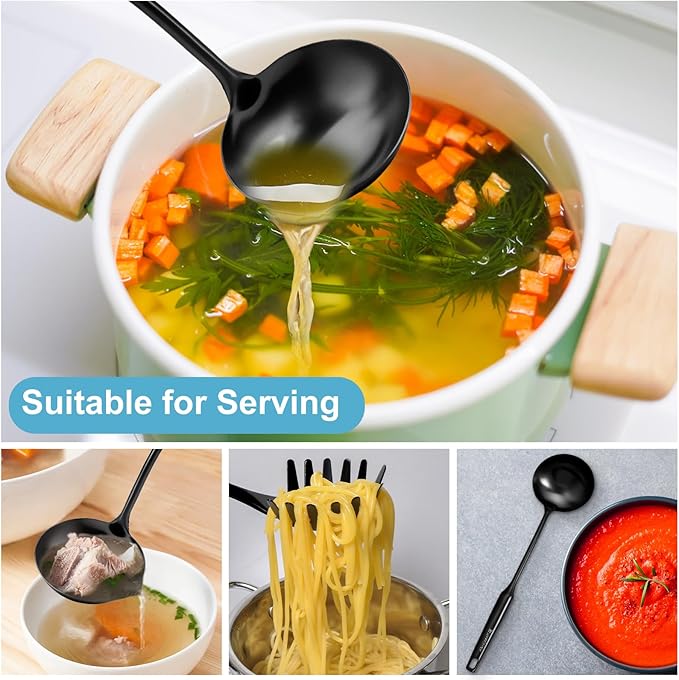 Soup Ladle - 18/10 Stainless Steel Ladle Spoon, 13.8" Large Soup Spoons, Resilient Kitchen Metal Ladel for Cooking, Serving, Stirring, Canning，Sauce, Wok & Soup，Black, Christmas Gifts