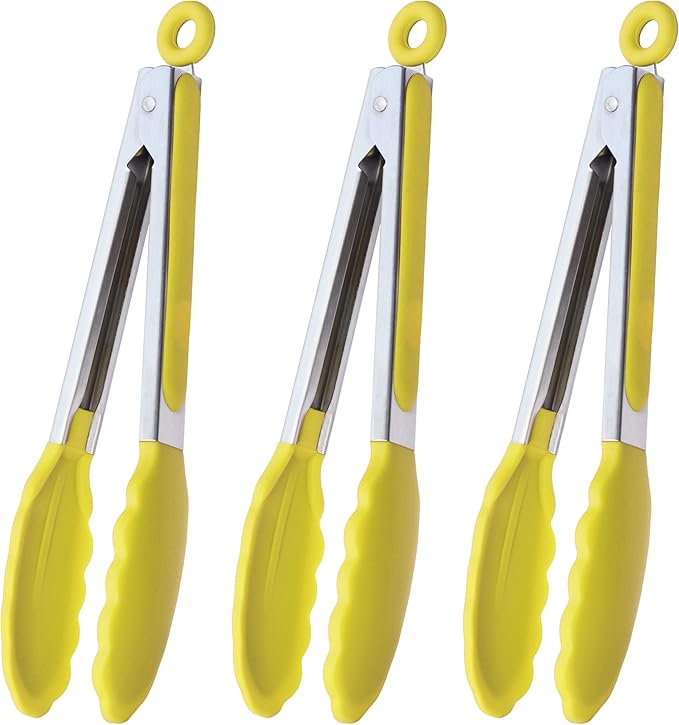 HINMAY Silicone Tipped Tongs 9-Inch Kitchen Cooking Tongs, Set of 3 (Yellow)