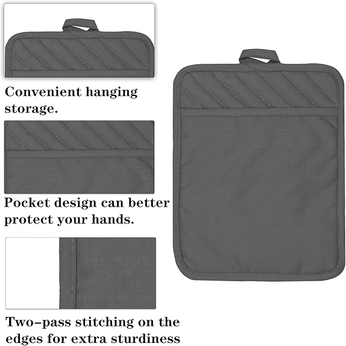 Oven Pot Holder with Pocket Cotton Heat Resistant Coaster Potholder Kitchen Hot Pad Oven Mitts for Cooking Square 7"x9"Set of 5 (Grey)