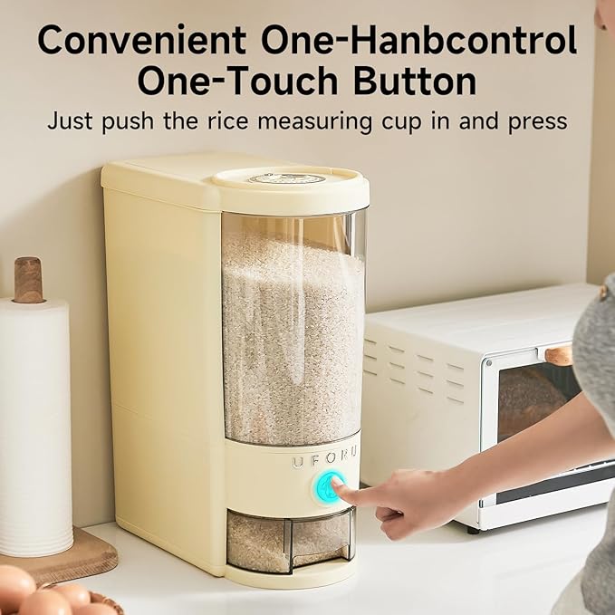 Rice Dispenser 20 lbs | Large Rice Storage Container for Kitchen&Pantry - Space-saving, Moisture & Pest-proof, BPA-Free - Dry Food Dispenser with One-Touch Dispenser & Measuring Cup for Families