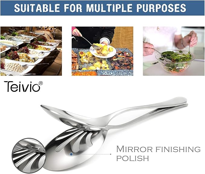 Teivio Stainless Steel Metal Serving Utensils - Large Set of 9-10" Spoons, 10" Slotted Spoons, and 9" Tongs (Silver)