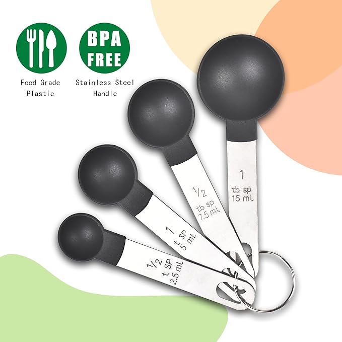 Measuring Cups and Spoons Set, 8-Piece Stackable Kitchen Measuring Set for Cooking and Baking, Durable Plastic Cups with Stainless Steel Handles, Easy-Grip, Nesting Design, Black