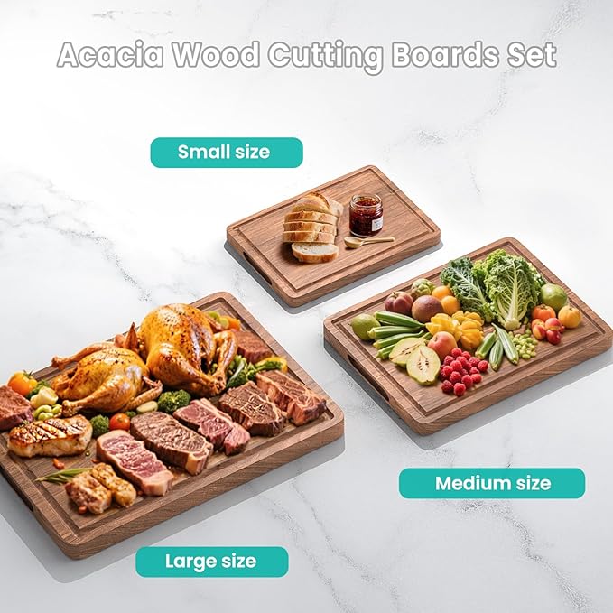 Acacia Wood Cutting Boards Set with Juice Groove & Handles for Kitchen 3-Piece Charcuterie Chopping Board for Meat Cheese Fruits Vegetables