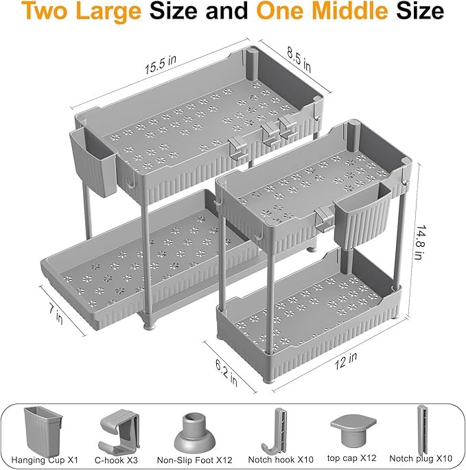 Sevenblue 3 Pack Under Sink Organizers, 2-Tier Multi-Use Kitchen and Bathroom Organizers and Storage with Sliding Drawers, Bathroom Cabinet Organizer (Gray, 14.8 Inch)