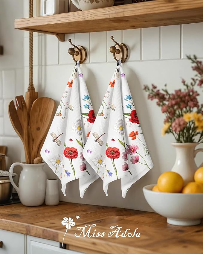 Miss Adola 2pcs Waffle Kitchen Towels - 16x26 Inch Cotton Waffle Weave Dish Cloths Set of 2 with Hanging Loop Absorbent Hand Tea Towels Elegant Design for Housewarming Gift, Wildflower
