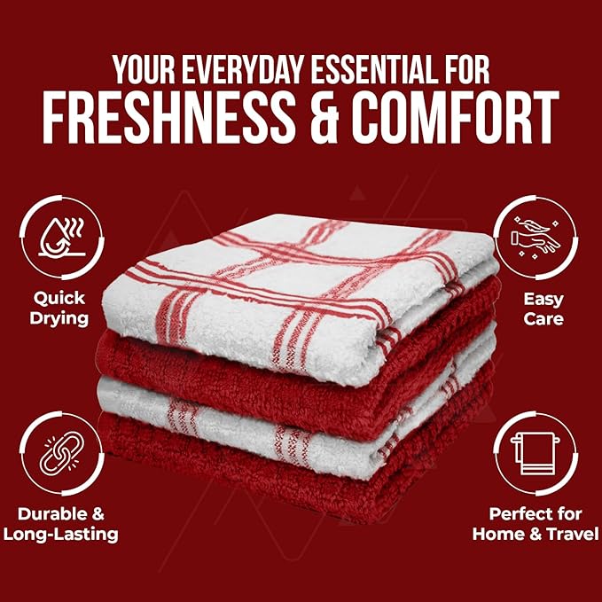 DAN RIVER Premium Dish Cloth 100% Cotton 12 X 12 Inches |Pack of 8|-Ultra Soft Tea Towels-Highly Absorbent Kitchen Rags-Terry Dishcloth for Kitchen and Household Cleaning |Red|