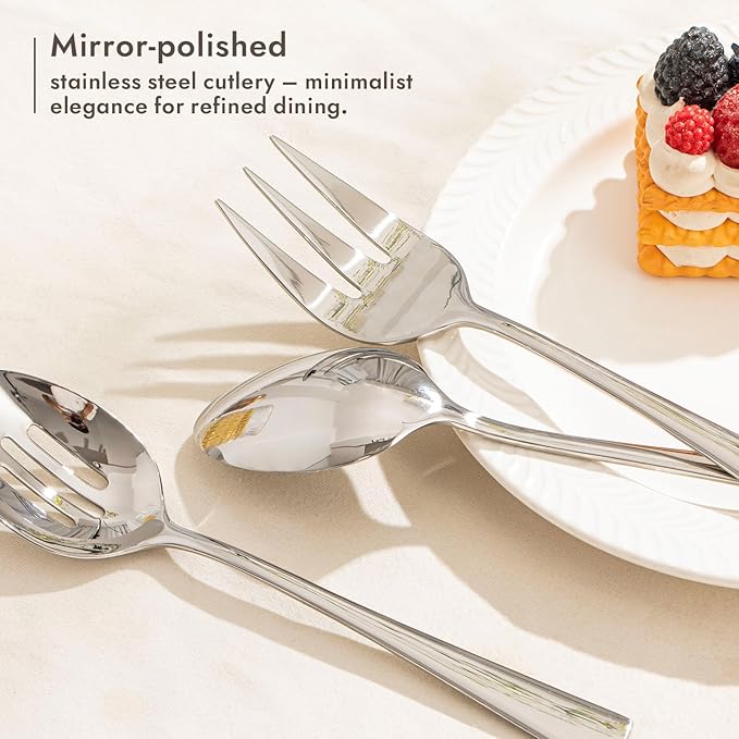 KINGSTONE 16 Piece Serving Utensils Set, 18/10 Stainless Steel Serving Utensils, Slotted Spoon, Fork, Tong, Soup Ladle, Cake Server, Butter Knife and Ice Tong for Buffet, Parties, Kitchen
