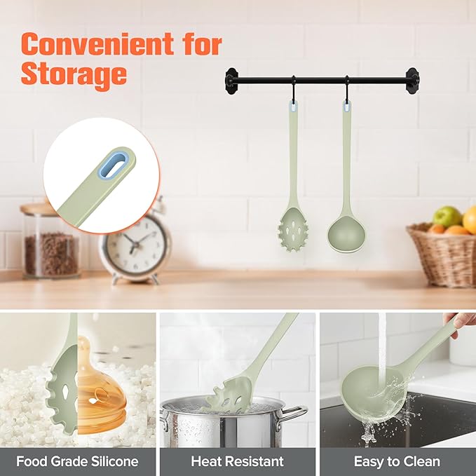 Silicone Spaghetti Spoon&Soup Ladle Cooking Utensils Set of 2,No Scratch for Nonstick Cookware,BPA Free, 450℉ Heat Resistant (Green)