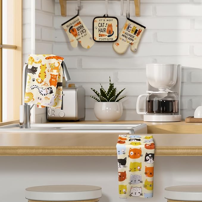 Jingmore 6 Pcs Kitchen Decor Set Accessorie Farmhouse Kitchen Towels Pot Holders Oven Mitts Set 2 Dish Towels 2 Pot Holders 2 Cooking Mittens Oven Glove for Cooking(Vivid Color,Cat)