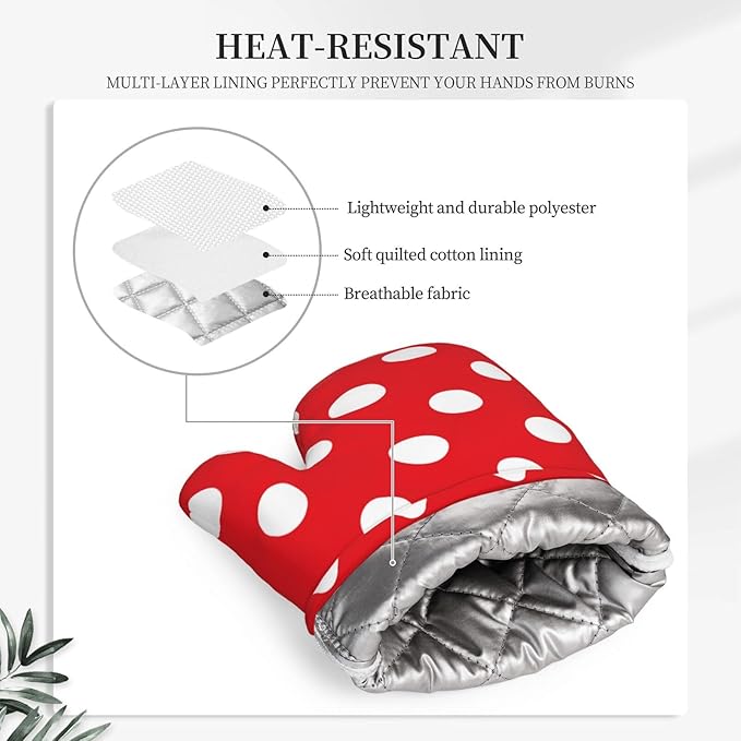 Red and White Polka Dot Oven Mitts and Pot Holders Sets of 4, Heat Resistant Silicone Oven Mittens and Potholders Gloves Hot Pads for Kitchen Cooking Baking Grilling BBQ Chef