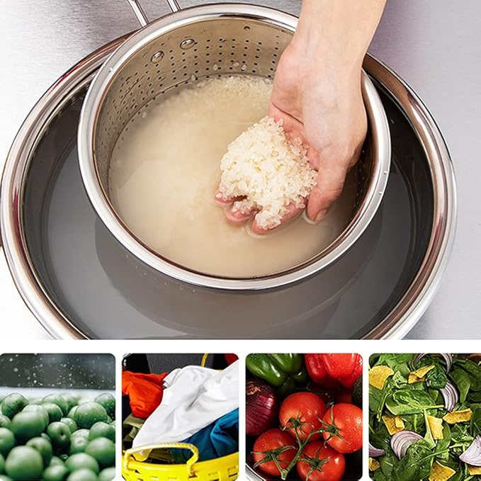 Stainless Steel Perforated Metal Colander Strainer with Long Red Handle Sieve Sifters Use for Kitchen Food Pasta Noodles Spaghetti Vegetables Silver - 10.24 inch (C072-Mer-26)