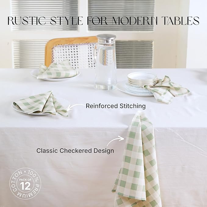 Cloth Napkins Set of 12, 100% Cotton Reusable Gingham Printed Dinner Napkins, 18x18 Inch Washable Table & Kitchen Napkins for Home, Dining, Entertaining – Sage Green & Ivory