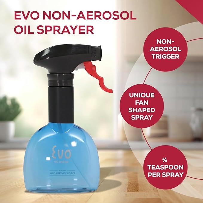 Evo Mini Oil Sprayers, Non-Aerosol for Olive Oil, Cooking Oils, and Vinegars, Blue, 8-Ounce Capacity, Set of 2