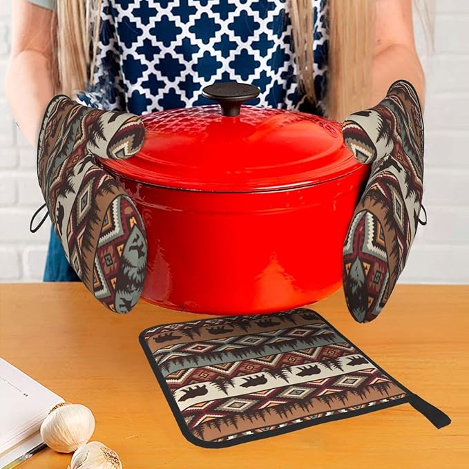 Vintage Rustic Oven Mitts and Pot Holders Sets of 3 Heat Resistant Hot Pads Bear Mountain Oven Gloves for Kitchen Cooking BBQ Baking