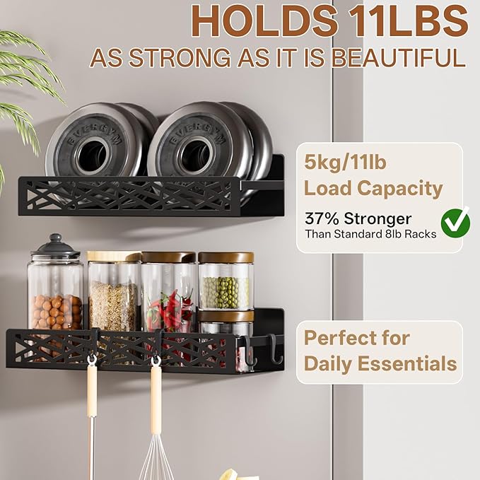 DTUQYX 4 Pack Magnetic Spice Rack for Refrigerator, Heavy Duty Metal Magnetic Fridge Spice Rack Organizer with 4 Hooks, No Drilling Rustproof Spice Storage for Kitchen Organization,11LB Load Capacity
