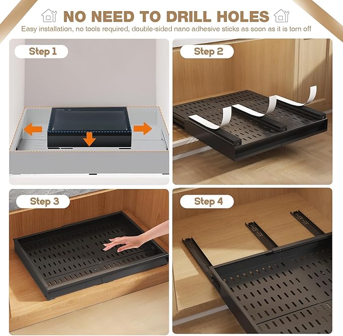 Seinloes 4 Pack Pull Out Cabinet Organizer With Raising Pad for Framed Cabinets,Expandable Width (13"-21") and Depth (17"-24"),3 Slide Rails Slide Out Drawers with Handle,No-Drill Roll Out Shelf,Black